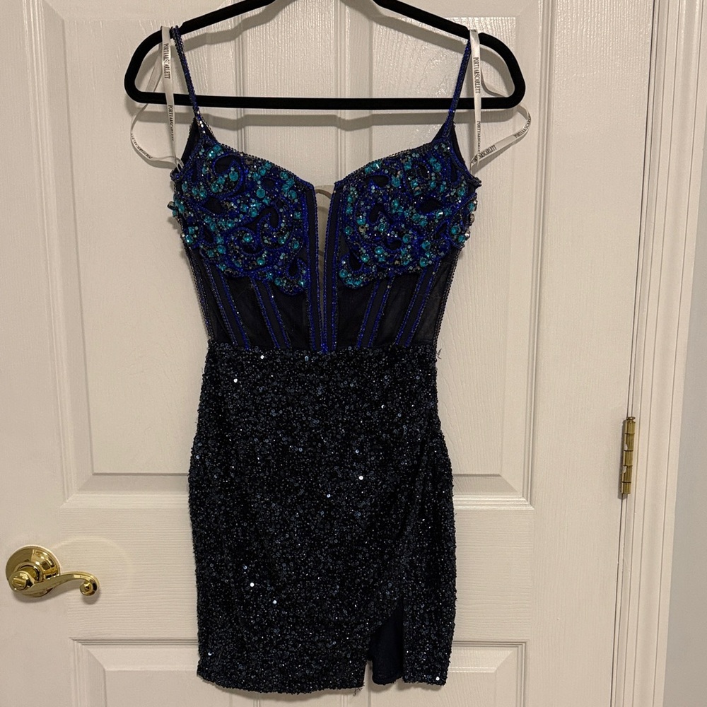 Portia and Scarlett Navy Mini Dress with Teal & Blue Beading